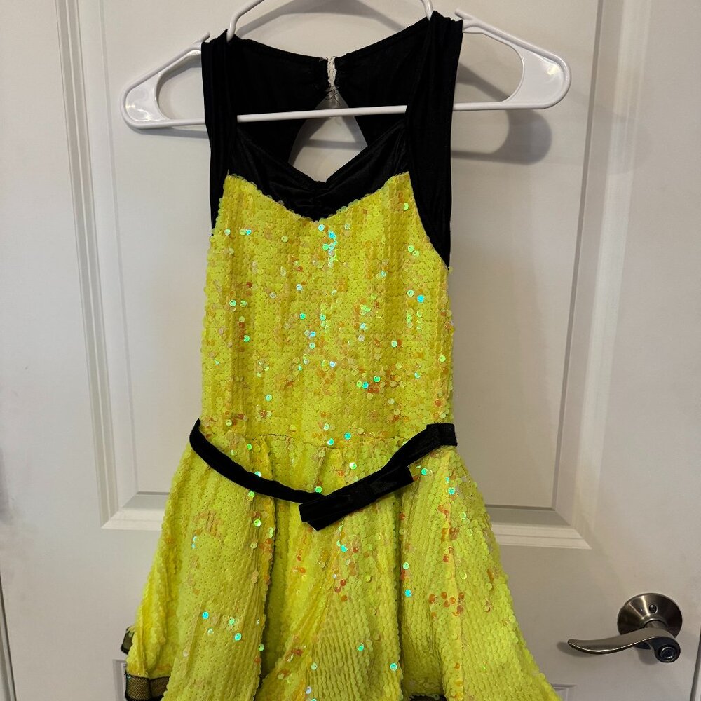 Girls size Medium yellow and black short sequin dance costume by Weissman.